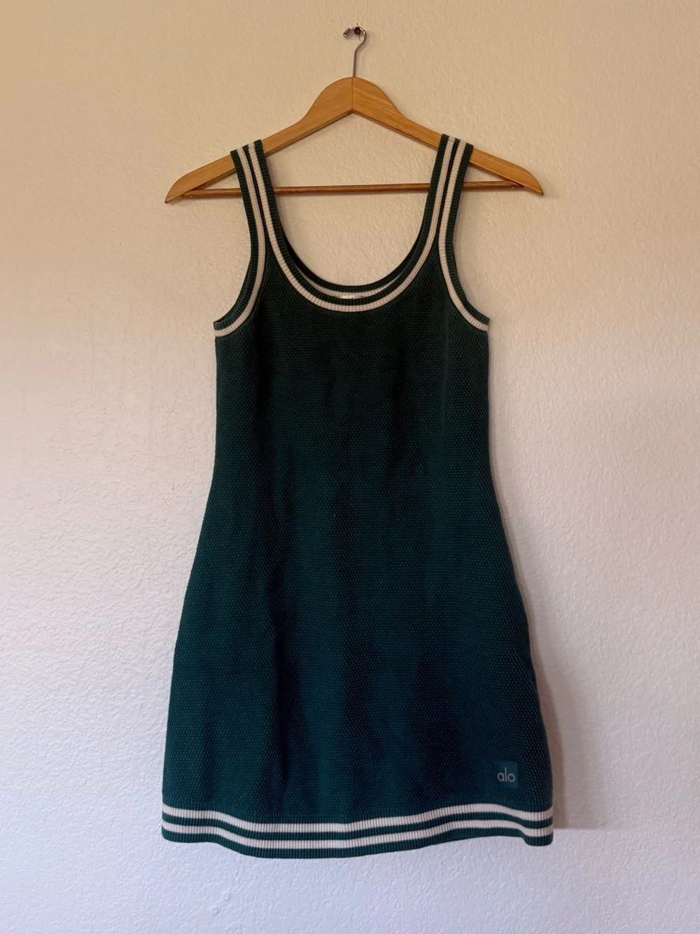 ALO Yoga Dark Green Tank Mini Dress with Cream Trim